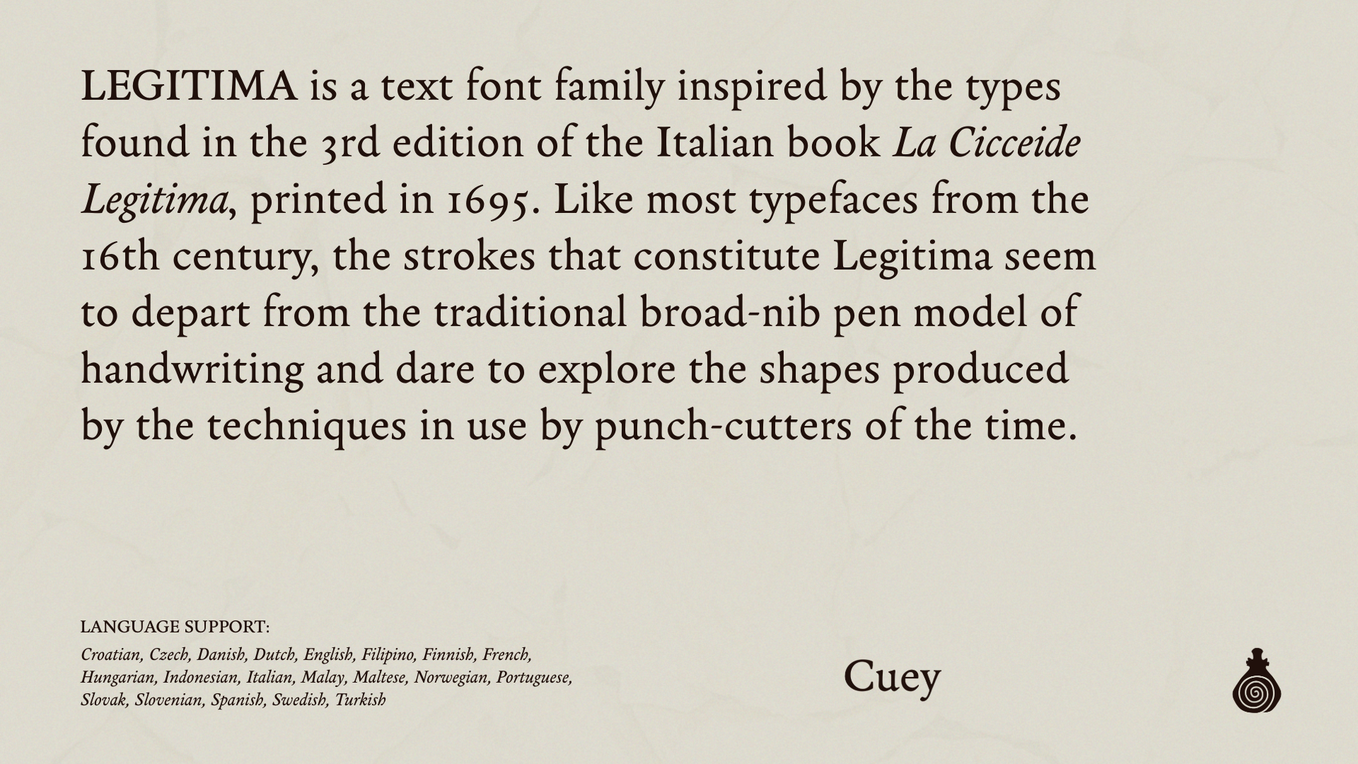 Legitima typeface specimen for Cuey